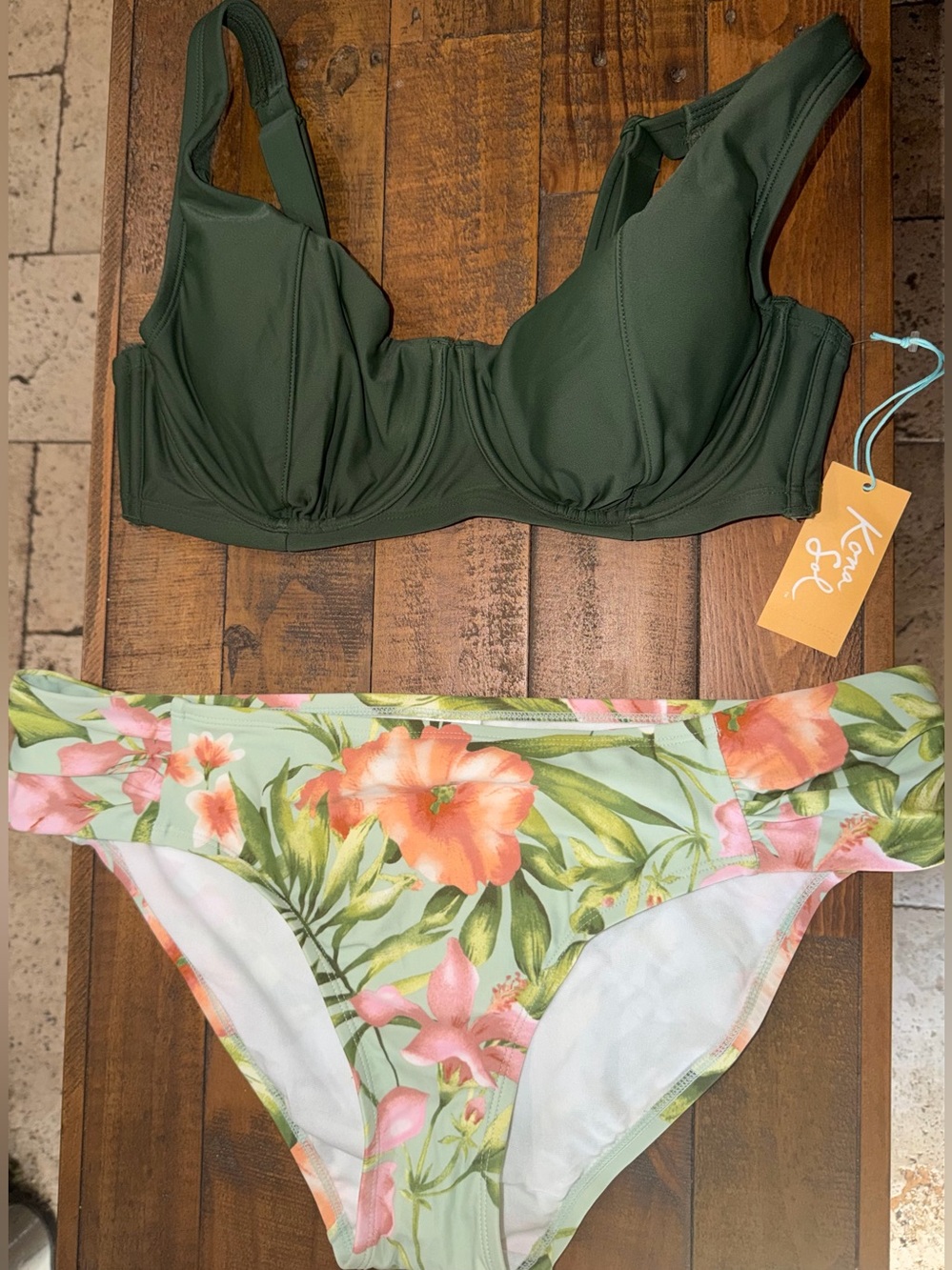 Kona Sol Dark Green Underwire Bikini Top with Floral Hipster Bottom